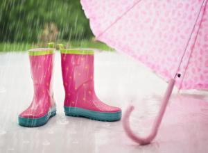 Rain boots, umbrella and falling rain.