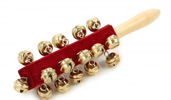 Picture of an instrument that jingles (red with gold bells)