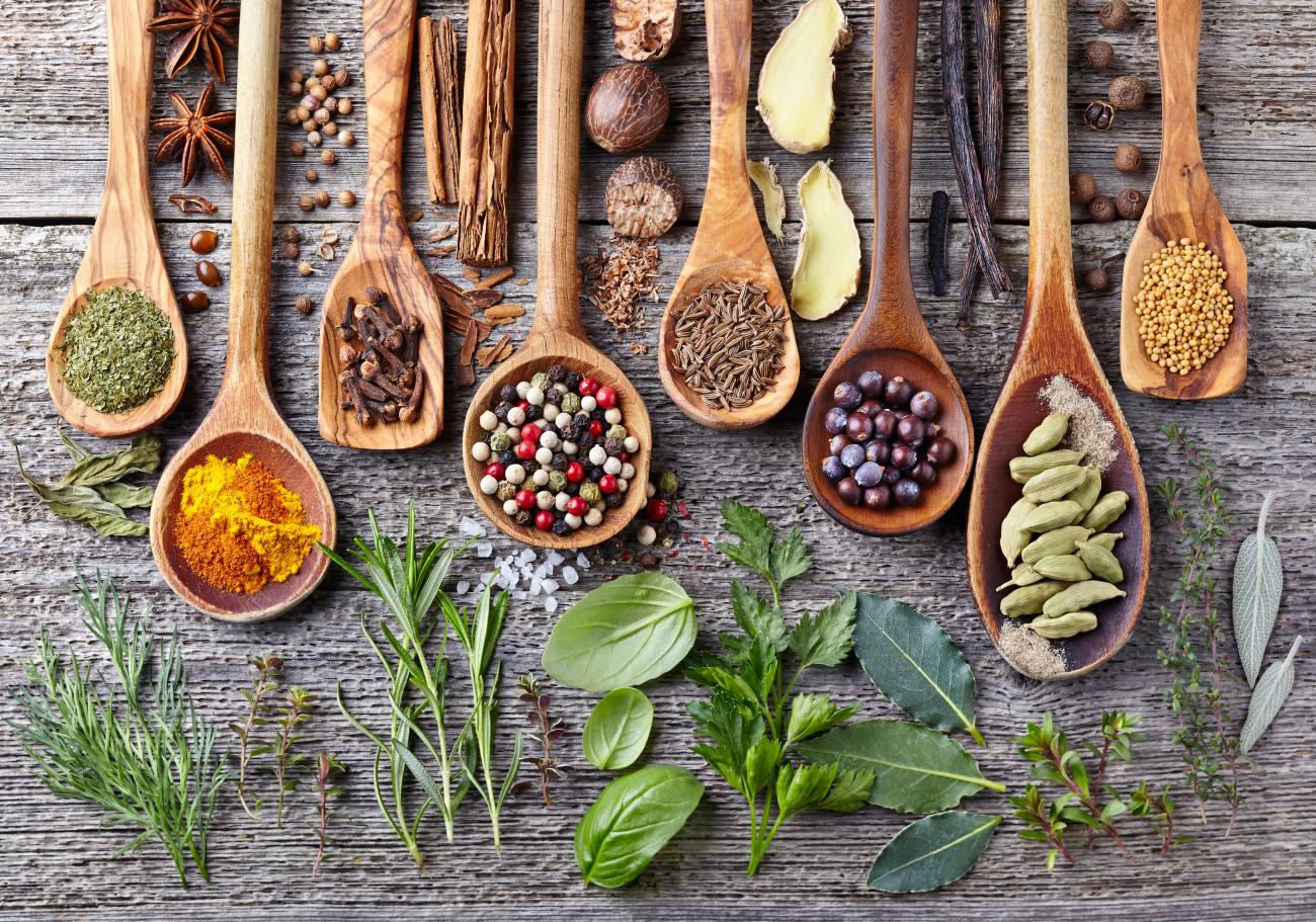 An array of spices and herbs.